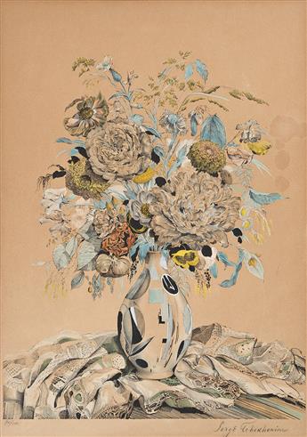 SERGEI CHEKHONIN Two lithographs with hand coloring of still lifes.